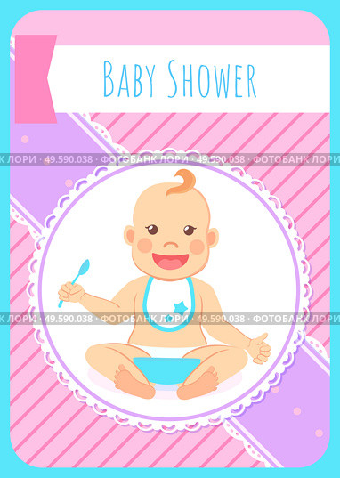Baby shower greeting card, infant boy eats itself. Vector toddler in bib and diaper with spoon and bowl of porridge, 6 to 12 month milestones of newborn kid. Baby Shower Greeting Card, Infant Boy Eats Vector. Стоковая иллюстрация, агентство Ingram Publishing / Фотобанк Лори