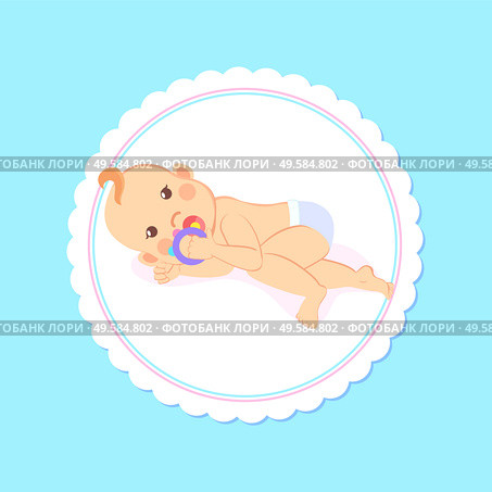 Baby shower greeting card, kid lying on back and playing with rattle. Vector newborn toddler, milestones from 1 to 6 month cartoon boy or girl in frame. Baby Shower Greeting Card, Kid Lying on Back, Play. Стоковая иллюстрация, агентство Ingram Publishing / Фотобанк Лори