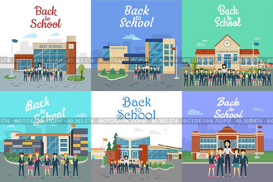 Back to School. Icons with Different Building Type. Icons with school types. Teacher and students. Collection of pictures with different kinds of modern educational institutions. Elementary, secondary, high, upper, best schools. Vector illustration. Стоковая иллюстрация, агентство Ingram Publishing / Фотобанк Лори