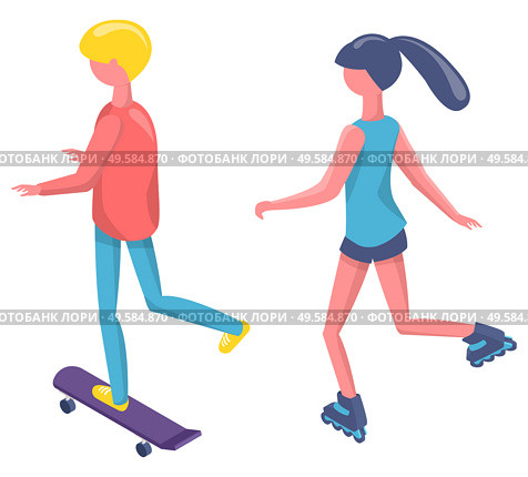 Back view of people skating and rolling, skateboarder and roller, man and woman standing on wheels, human character in sportswear, activity vector. Skateboarder and Roller, People Activity Vector. Стоковая иллюстрация, агентство Ingram Publishing / Фотобанк Лори
