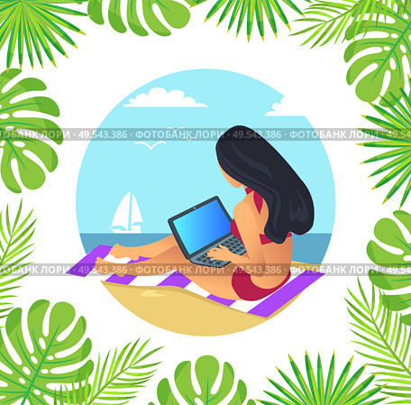Back view of woman with long dark hair, freelancer sitting on mat, ship on sea. Round boarder with fern leaves, female working with laptop vector. Female Working with Laptop on Mat, Beach Vector. Стоковая иллюстрация, агентство Ingram Publishing / Фотобанк Лори