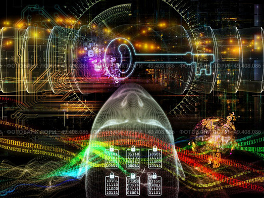 Background design of human head, key symbol and fractal design elements on the subject of encryption, security, digital communications, science and technology. Стоковое фото, агентство Ingram Publishing / Фотобанк Лори