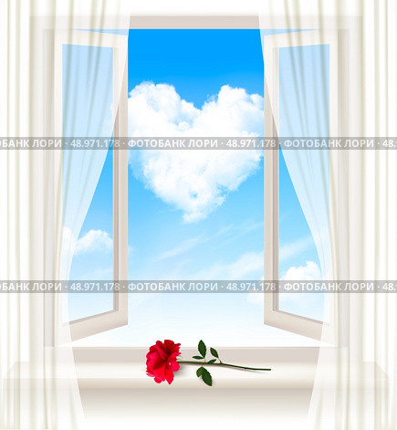 Background with an open window and a red flower. Vector. Стоковая иллюстрация, агентство Ingram Publishing / Фотобанк Лори