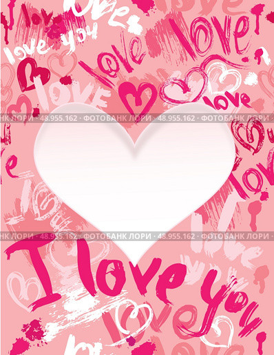 Background with brush strokes and scribbles in heart shapes and words LOVE, I LOVE YOU - Valentines Day card. Стоковая иллюстрация, агентство Ingram Publishing / Фотобанк Лори