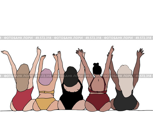Backview illustration of plus size women sitting next to each other in swimsuit. Women diversity. Стоковое фото, агентство Ingram Publishing / Фотобанк Лори