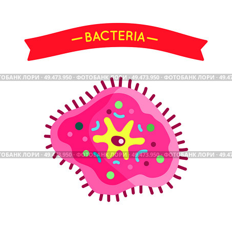Bacteria virus harmful cell poster with ribbon on top. Viral microorganism of pink color. Pathogenic organism germ causing immune problems vector. Bacteria Virus Cell Poster Vector Illustration. Стоковая иллюстрация, агентство Ingram Publishing / Фотобанк Лори