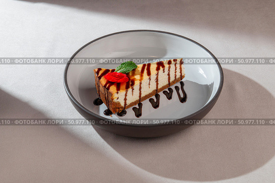 Baked cheesecake with graham crust and chocolate sauce, garnished with mint leaf and flower on a ceramic plate in soft daylight. Стоковое фото, фотограф Aleksandr Gavrilychev / Фотобанк Лори
