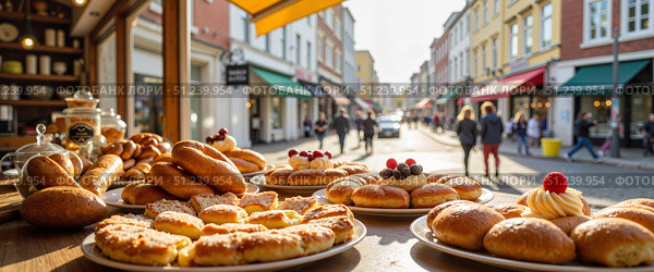 Baked goods displayed on a sunny street in a quaint town attracting passersby in the afternoon. Стоковое AI-изображение, AI-художник Ольга Невская / Фотобанк Лори