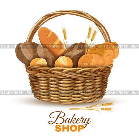 Bakery Basket With Bread Realistic Image. Bakery shop display traditional willow wicker basket with handle full with fresh bred realistic poster vector illustration . Стоковая иллюстрация, агентство Ingram Publishing / Фотобанк Лори