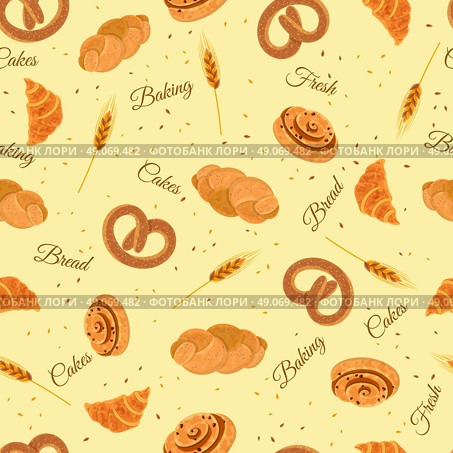 Bakery Bread Seamless Decorative Pattern  . Bakery seamless wrap paper pattern with fresh cakes croissant whole wheat loaf and pretzel abstract vector illustration. Стоковая иллюстрация, агентство Ingram Publishing / Фотобанк Лори