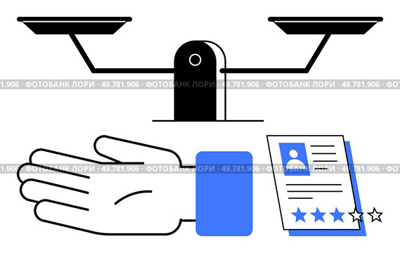 Balance scale, open hand, person document with star rating. Ideal for justice, evaluation, fairness, judgement, rating systems decision-making equality concepts. Line metaphor. Balance Scale, Hand, and Document with Rating for Fair Assessment and Evaluation. Стоковая иллюстрация, агентство Ingram Publishing / Фотобанк Лори