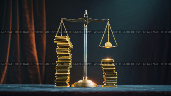 Balancing wealth, justice, and prosperity with scales and coins in a dimly lit setting. Стоковое AI-изображение, AI-художник Сергей Толмачёв / Фотобанк Лори