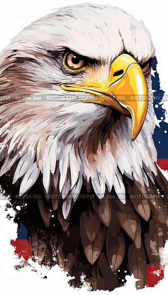 Bald American eagle on the background of the US flag. Стоковое AI-изображение, AI-художник Ярославский Максим / Фотобанк Лори