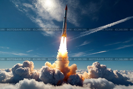 Ballistic military missile in blue sky with clouds, rocket launch trace. Anti-aircraft defense by military complexes, military aid, protection of sky. War concept on Earth. Copy ad text space. Стоковое AI-изображение, AI-художник Aleksandr Golubev / Фотобанк Лори