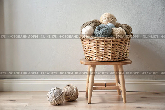 Balls of yarn in a wicker basket in white and beige tones. Needlework, textiles, knitting. Winter season, small business, handmade clothes. Стоковое AI-изображение, AI-художник Photojuli / Фотобанк Лори