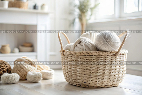 Balls of yarn in a wicker basket in white and beige tones. Needlework, textiles, knitting. Winter season, small business, handmade clothes. Стоковое AI-изображение, AI-художник Photojuli / Фотобанк Лори