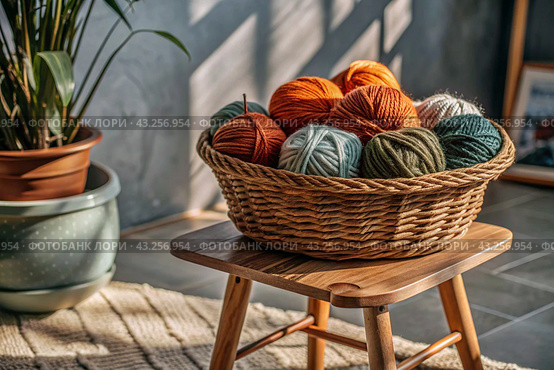 Balls of yarn in a wicker basket on a wooden stool. Needlework, textiles, knitting. Winter season, small business, handmade clothes. Стоковое AI-изображение, AI-художник Photojuli / Фотобанк Лори