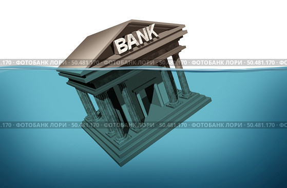 Bank Crisis and Banking system drowning in debt as a financial instability or insolvency concept as an  urgent business and global market problem as a 3D illustration. Стоковое фото, агентство Ingram Publishing / Фотобанк Лори