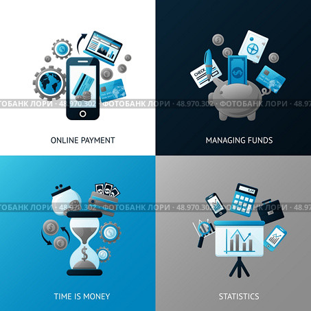 Bank flat banner set with online payment time is money statistics managing funds isolated vector illustration. Стоковая иллюстрация, агентство Ingram Publishing / Фотобанк Лори