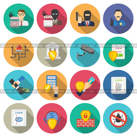 Bank security flat icons set. Internet banking operations safety flat icons set with detecting malware protective shield round abstract isolated vector illustration. Стоковая иллюстрация, агентство Ingram Publishing / Фотобанк Лори