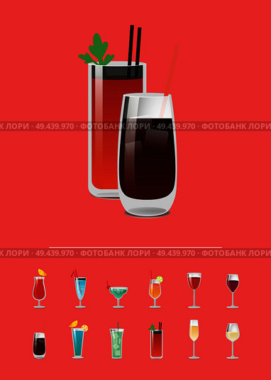 Banner with varied cocktails vector illustration isolated on red backdrop, beverage with cute decoration on glasses, orange and mint, lime and cherry. Banner with Varied Cocktails Vector Illustration. Стоковая иллюстрация, агентство Ingram Publishing / Фотобанк Лори