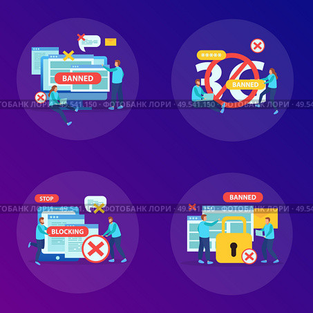 Banning abusive content websites instant messaging users devices internet blocking concept 4 flat compositions square vector illustration. Стоковая иллюстрация, агентство Ingram Publishing / Фотобанк Лори
