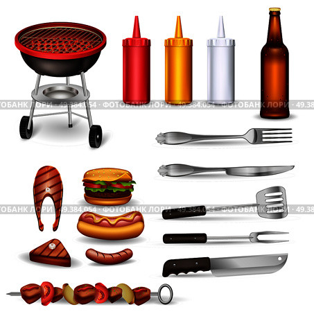 Barbecue decorative icons set with grilled meat kitchen utensil ketchup collection and beer bottle isolated vector illustration. Barbecue Decorative Icons Set. Стоковая иллюстрация, агентство Ingram Publishing / Фотобанк Лори