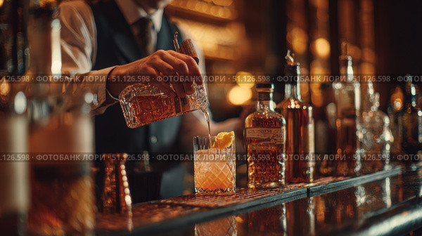 Бармен смешивает алкогольные напитки. The bartender mixes alcoholic drinks. Стоковое AI-изображение, AI-художник Смирнова Светлана / Фотобанк Лори