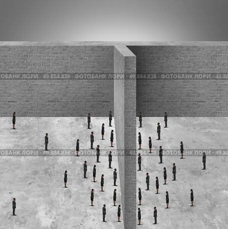Barrier to business and restricted access to people due to a brick wall obstacle blocking communication and detached from social interaction. Стоковое фото, агентство Ingram Publishing / Фотобанк Лори