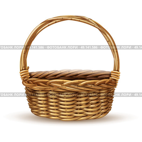 Basket Realistic Side View Image. Traditional country style willow peasant basket with handle close-up side view with shadow realistic vector illustration . Стоковая иллюстрация, агентство Ingram Publishing / Фотобанк Лори