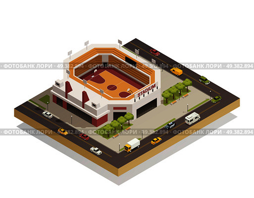 Basketball arena sport center competitions stadium with  outdoor area and adjacent streets isometric composition vector illustration . Basketball  Arena Stadium  Isometric Composition . Стоковая иллюстрация, агентство Ingram Publishing / Фотобанк Лори