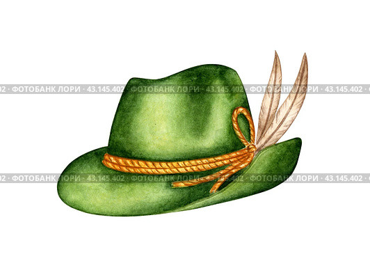 Bavarian green felt hat with feathers watercolor illustration. Oktoberfest concept traditional hat. Isolated from the background. Design element for festival, shop, market, poster, banner. Стоковая иллюстрация, иллюстратор Андрей Золотарев / Фотобанк Лори