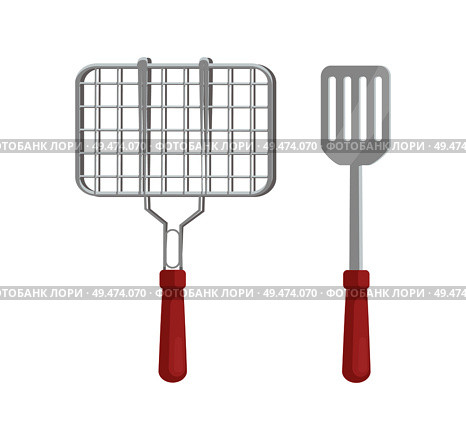 BBQ barbecue grill and spatula tools for cooking. Isolated icons vector set flatware grid for roasting meat cutlery and utensils for cookout barbeque. BBQ Barbecue Grill and Spatula Vector Illustration. Стоковая иллюстрация, агентство Ingram Publishing / Фотобанк Лори