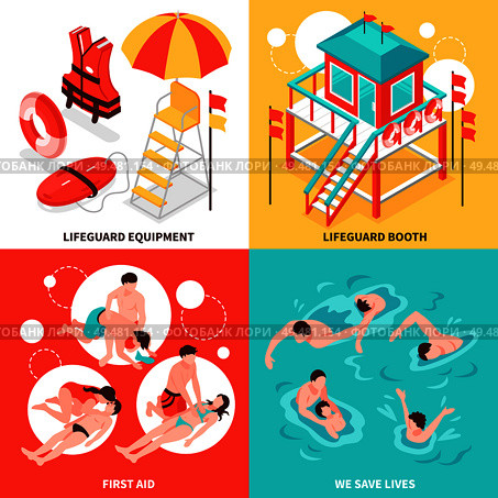 Beach lifeguards 2x2 design concept  set of  lifeguard inventory and saving drowning isometric compositions vector illustration . Beach Lifeguards 2x2 Design Concept. Стоковая иллюстрация, агентство Ingram Publishing / Фотобанк Лори
