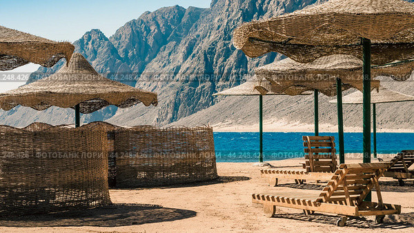 beach umbrellas and wooden lounge chairs on the sand of the beach against the backdrop of the sea and high rocky mountains in Egypt. Стоковое фото, фотограф Артем Курутин / Фотобанк Лори