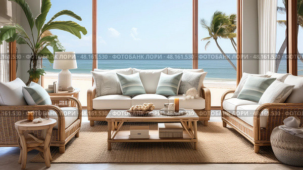 beachy interior design trend ai generated. Стоковое AI-изображение, AI-художник Vectorwin / Фотобанк Лори
