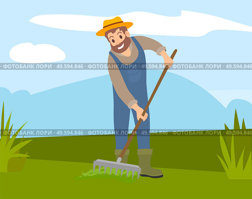Bearded farmer in hat and overalls rakes the grass in field. Cultivation, harvesting, working on fresh air. A man cultivates the soil. Agricultural occupation and husbandry tool, flat vector. Farmer cultivates the soil with a rake. Agriculture and farm implements. A man works on the ground. Стоковая иллюстрация, агентство Ingram Publishing / Фотобанк Лори