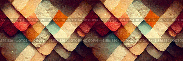 Beautiful abstract panoramic background. Vintage geometric ornament of colorful rhombuses and rectangles. Grainy texture. Wide background with seamless pattern. Perfect for design. Generative AI. Стоковое AI-изображение, AI-художник Андрей Степанов / Фотобанк Лори