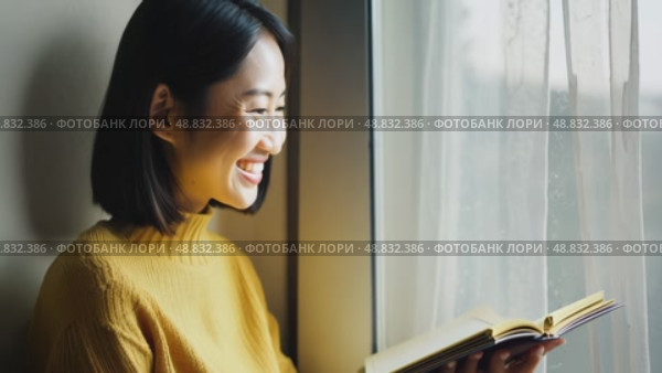 Beautiful, attractive, Asian woman in yellow sweater and shining smile confidently looking at camera, 4k, active lifestyle. Business concept, thinking about something, passionate about hobby. Стоковое AI-видео, аниматор ALLA YURTAYEVA / Фотобанк Лори