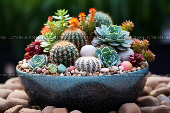 Beautiful composition of cactus and succulents growing in a pot. Стоковое AI-изображение, AI-художник Иван Рябоконь / Фотобанк Лори