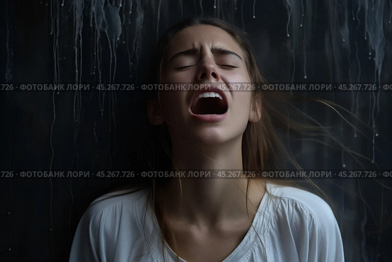 Beautiful face of sad woman screaming crying desperate and depressed with tears on her eyes suffering pain and depression isolated on black background in sadness facial expression and emotion concept. Стоковое AI-изображение, AI-художник Sergey Grishin / Фотобанк Лори