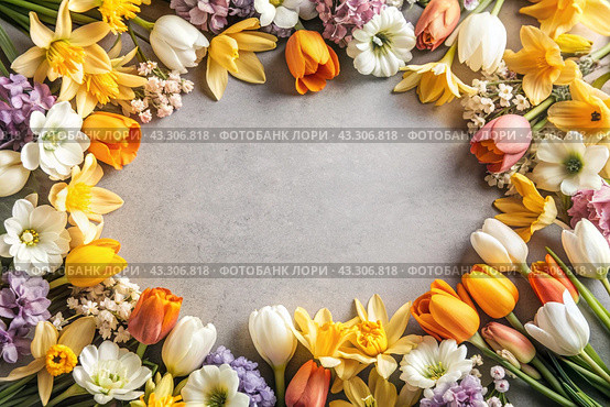 Beautiful floral background. A frame of spring flowers with tulips, daffodils, crocuses, hyacinths. View from above. Space for text. Стоковое AI-изображение, AI-художник Photojuli / Фотобанк Лори