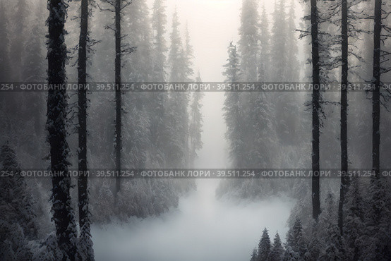 Beautiful frozen northern landscape at sunset during bliszard, AI generated. Стоковое AI-изображение, AI-художник Сергей Старуш / Фотобанк Лори
