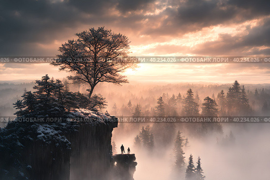 Beautiful frozen northern landscape at sunset during bliszard, AI generated. Стоковое AI-изображение, AI-художник Сергей Старуш / Фотобанк Лори