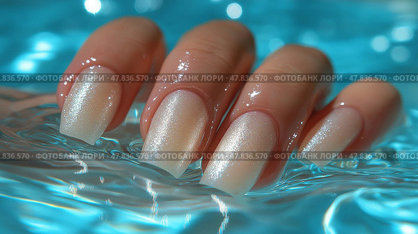 Beautiful gel nails submerged in clear blue water at a serene setting. Красивые гелевые ногти, погруженные в прозрачную голубую воду в безмятежной обстановке. Стоковое AI-изображение, AI-художник Katsiaryna Repich / Фотобанк Лори