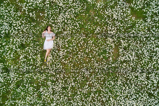Beautiful girl lies in camomile daisy flower. View from above. Aerial photography. Стоковое фото, агентство Ingram Publishing / Фотобанк Лори