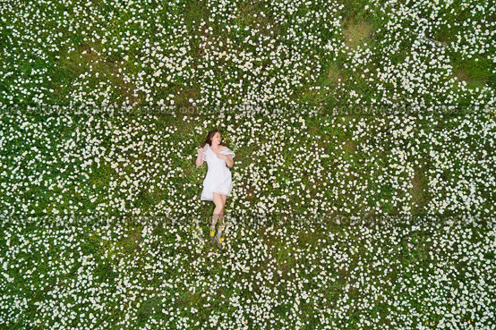 Beautiful girl lies in camomile daisy flower. View from above. Aerial photography. Стоковое фото, агентство Ingram Publishing / Фотобанк Лори