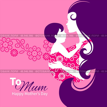 Beautiful mother silhouette with baby in a sling. Floral illustration. Стоковая иллюстрация, агентство Ingram Publishing / Фотобанк Лори