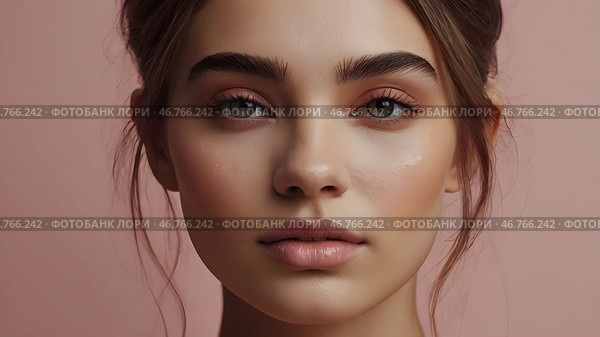 Beautiful portrait of a natural girl on a neutral pink background. Cosmetology, skin care, facial care and makeup. Стоковое AI-изображение, AI-художник Photojuli / Фотобанк Лори