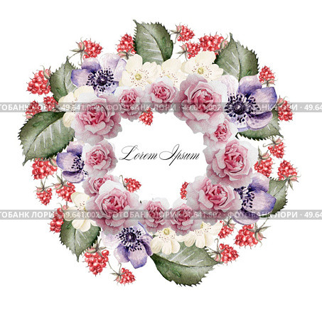 Beautiful watercolor of roses, flower anemone and raspberries . Bridal wreath. Illustration. Beautiful watercolor of roses, flower anemone and raspberries . Bridal wreath. . Стоковое фото, агентство Ingram Publishing / Фотобанк Лори
